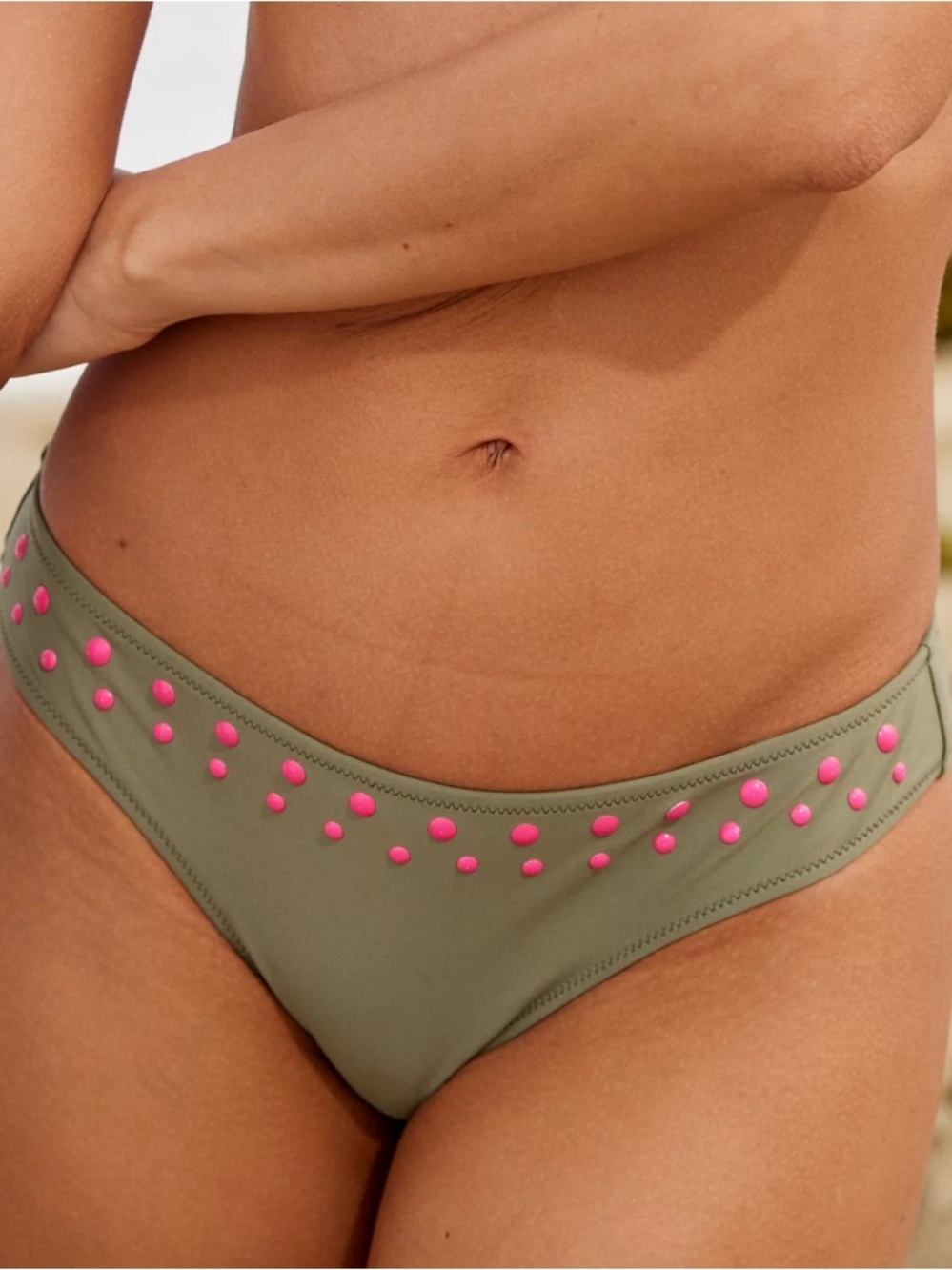 NWT Aerie Bikini Bottom Small Olive Green Neon Pink Dots Cheeky Stretchy Swim